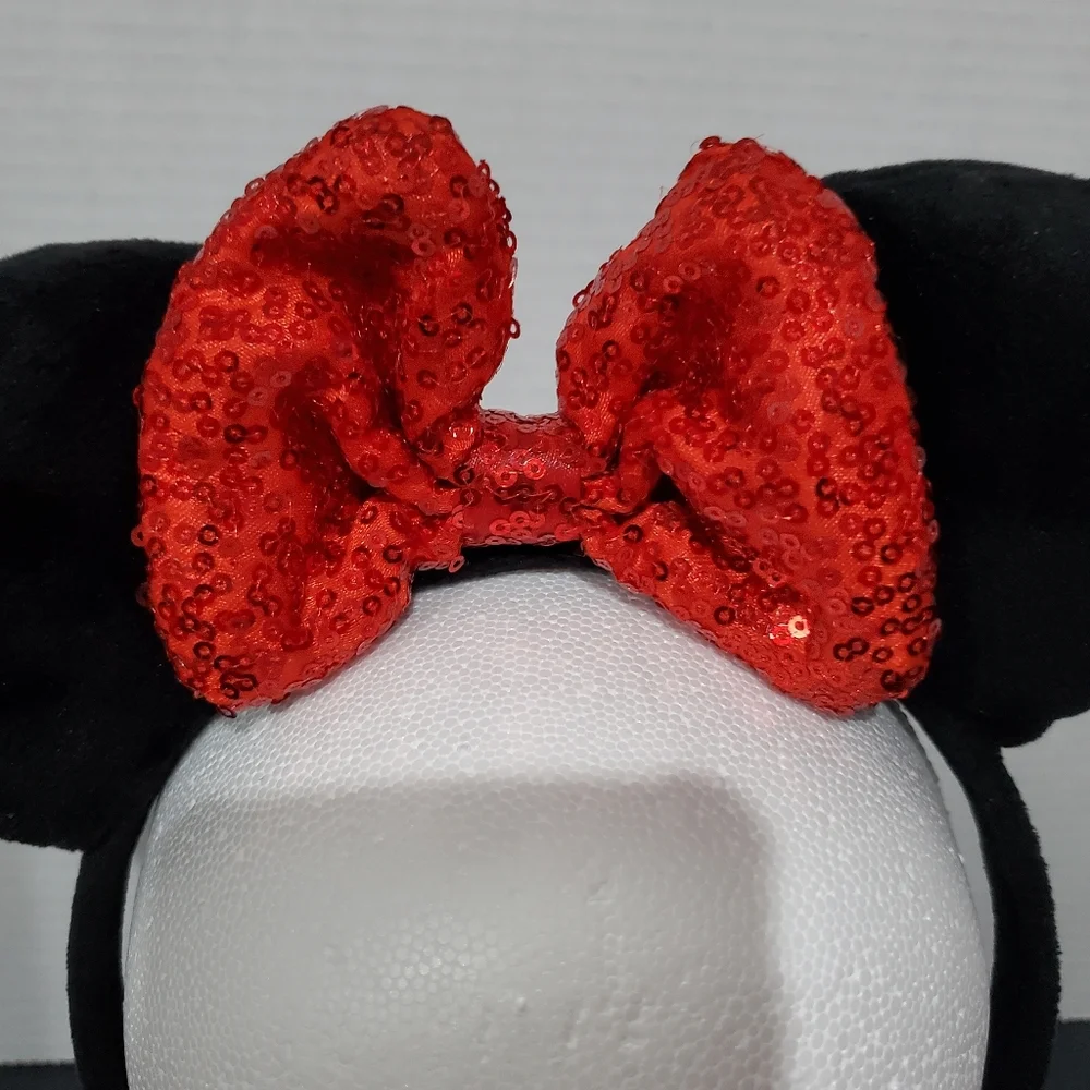 Disney Parks Minnie Mouse Black Plush Ears Red Seqin Bow Headband L👀K